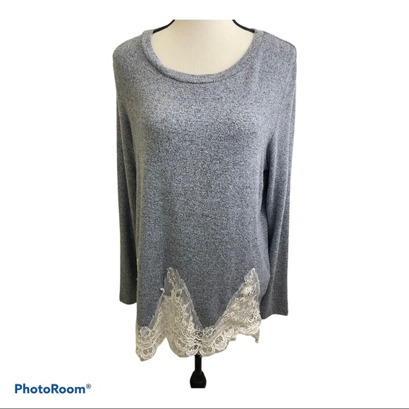 Adora heather blue lace trim rayon sweater size Large long sleeves - Picture 1 of 7